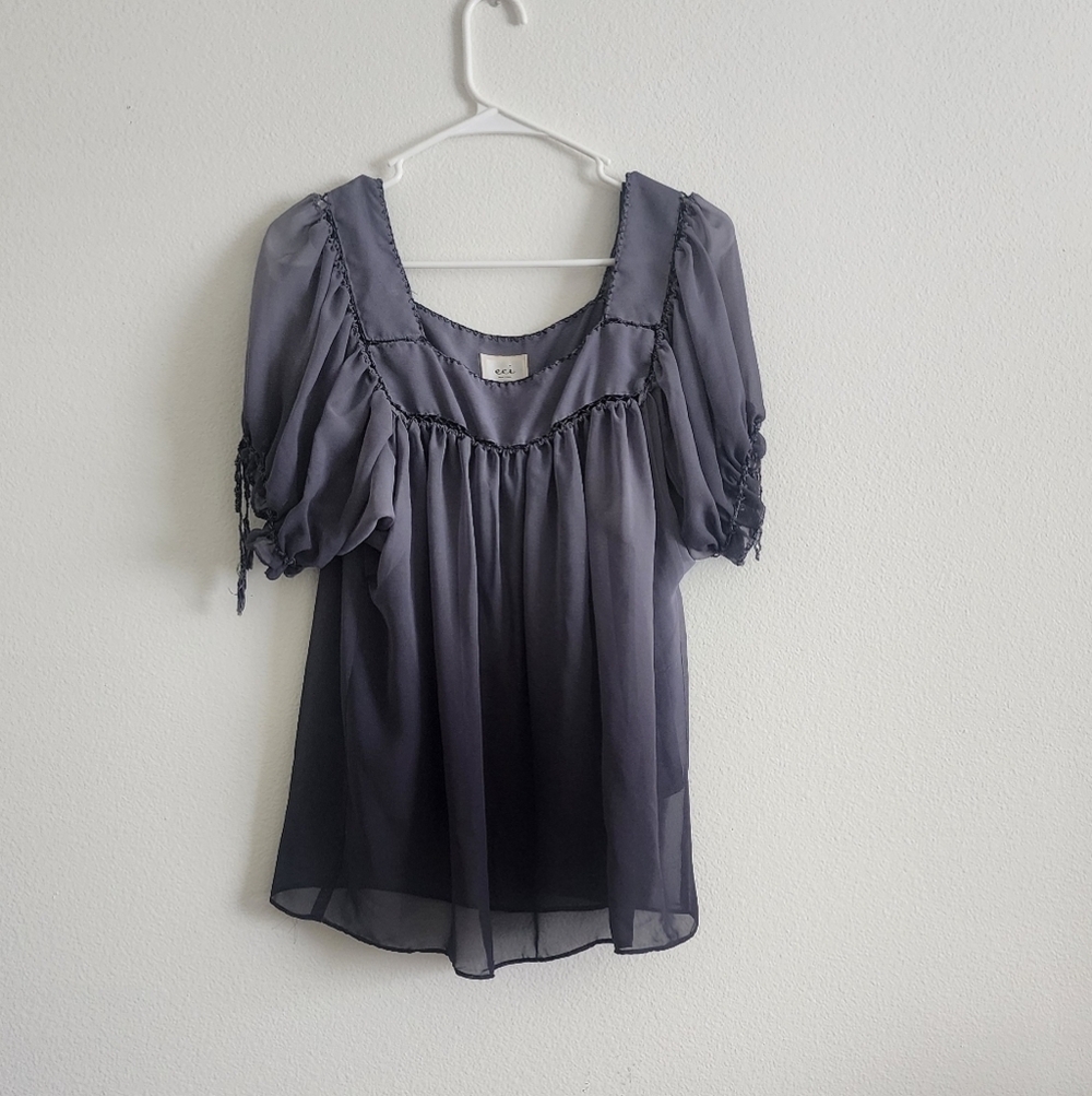 ECI Gray Puff Sleeve Ruffled Lightweight Blouse Size Large